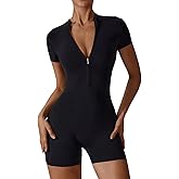 ECUPPER Women Short Sleeve Workout Jumpsuits One Piece Zip Up Gym Romper Tummy Control Athletic Yoga Unitard Bodysuit Shorts
