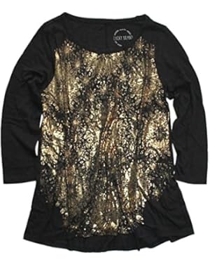 Women's - Black/Metallic Gold Circle Burst Hi/Low Slub Tee - Top