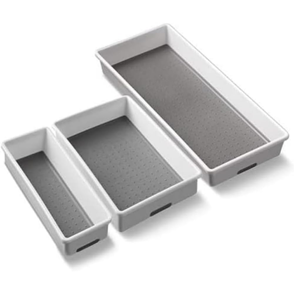 Addis 506985 Premium Tidy Drawer Soft Base Storage Boxes, White Grey, Set of 3, 18 x 40 x 7.5 cm