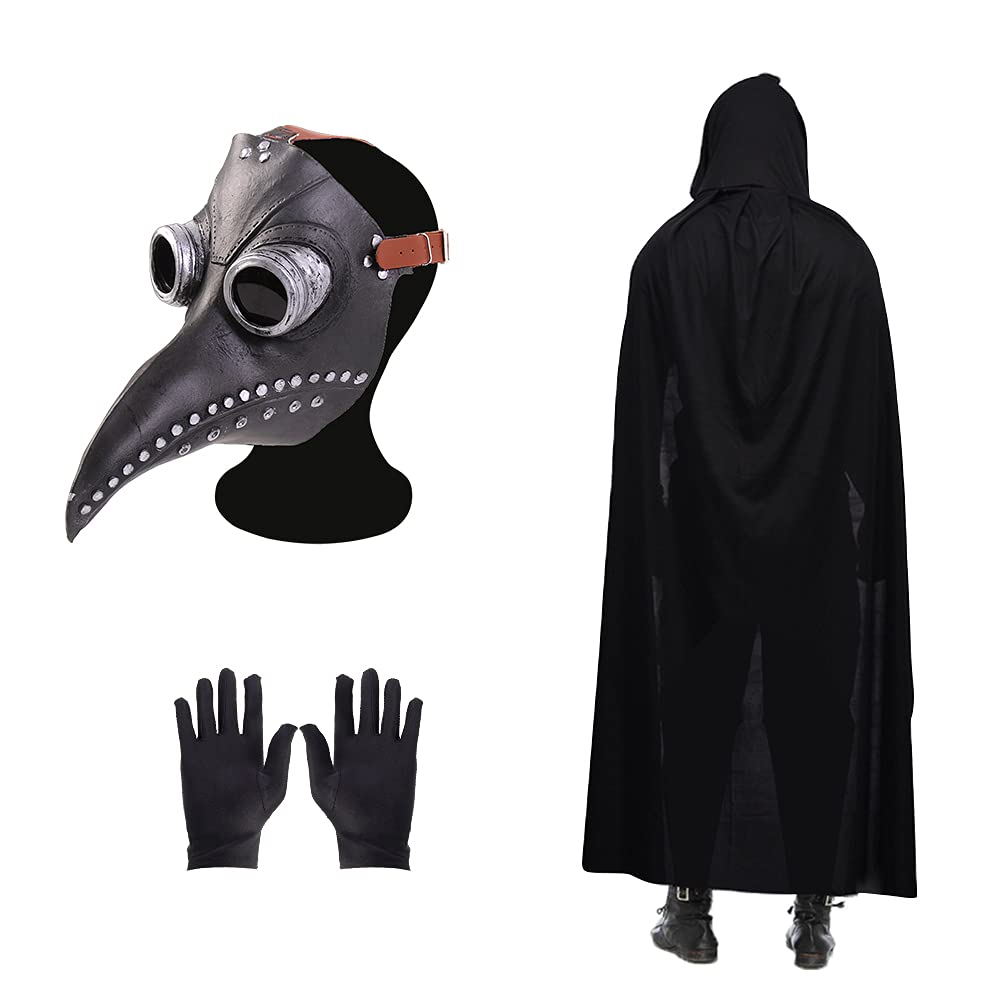Plague Doctor Mask - Steampunk Latex Mask with Black Hooded Cloak & Gloves for Halloween Party Cosplay