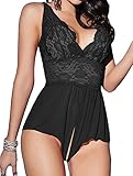 Yinggeli Women V-Neck Open Crotch Babydoll Lingerie Mesh Sleepwear Plus Size