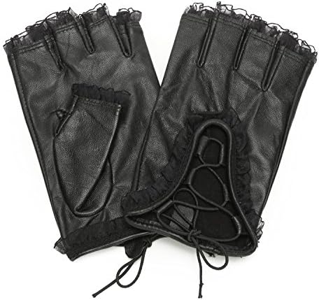 AmbesiWomen's Lace Cuff Half Finger Nappa Leahter Driving Gloves