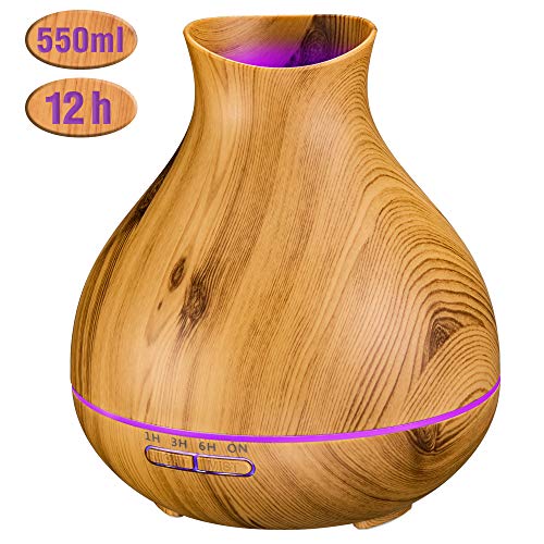 Aromatherapy Essential Oil Diffuser 550ml 12 Hours Wood Grain Aroma Diffuser with Timer Cool Mist Humidifier for Large Room, Home, Baby Bedroom, Waterless Auto Shut-Off, 7 Color Lights Changing