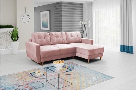Gama Mobler Corner Sofa Bed Retro With Storage Sprung Seat Velveteen Fabric Modular 3 Seater L Shape Universal Reversible Pull Out Wooden Frame In Pink Amazon Co Uk Kitchen Home
