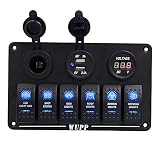 WUPP Boat Switch Panel, Waterproof Marine Electrical Panel 6 Gang Automotive Toggle Switches with Digital Voltmeter Dual USB Power Charger 12V Cigarette Lighter Socket for Car Boat Truck Jeep