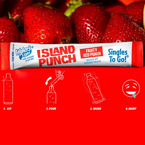 WYLER’S LIGHT ISLAND PUNCH SINGLES TO GO, VARIETY PACK, FRUITY RED PUNCH, PURPLE BERRY WAVE, BERRY JAMMER AND BLUE OCEAN BREEZE, 1 BOX (40 SINGLE SERVINGS)