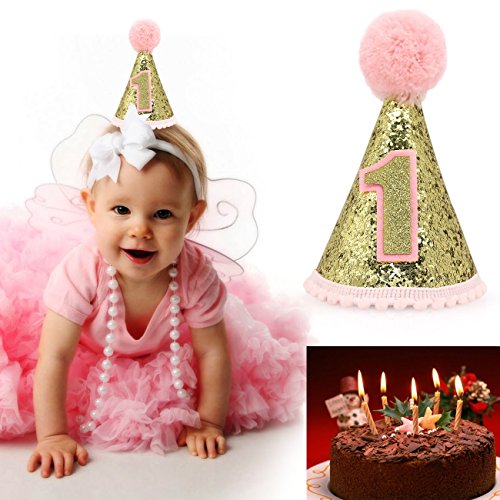 Gold Glitter Sparkle Princess 1st Birthday Cone Hat with Adjustable Headband for Baby Girl Party Supplies(Pink) - Thumbnail 3