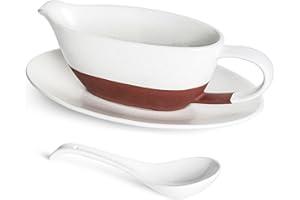 LE TAUCI 16 OZ Gravy Boat with Ladle and Saucer, Ceramic Gravy Bowl with Tray and Ladle for Christmas Dinner, Drip-Proof Lip 