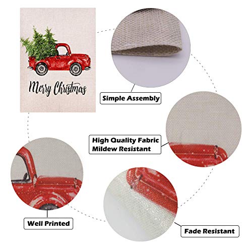 OZMI Merry Christmas Garden Flag, Xmas Double Sided Burlap Red Truck with Snow Winter Flag, Rustic Merry Christmas Decoration New Year Seasonal Outdoor Flag 12 x 18 for Holiday