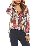 Zeagoo Women Stand Collar High Low Hem T-shirt tops Long Sleeve Print Asymmetrical Hem Shirt