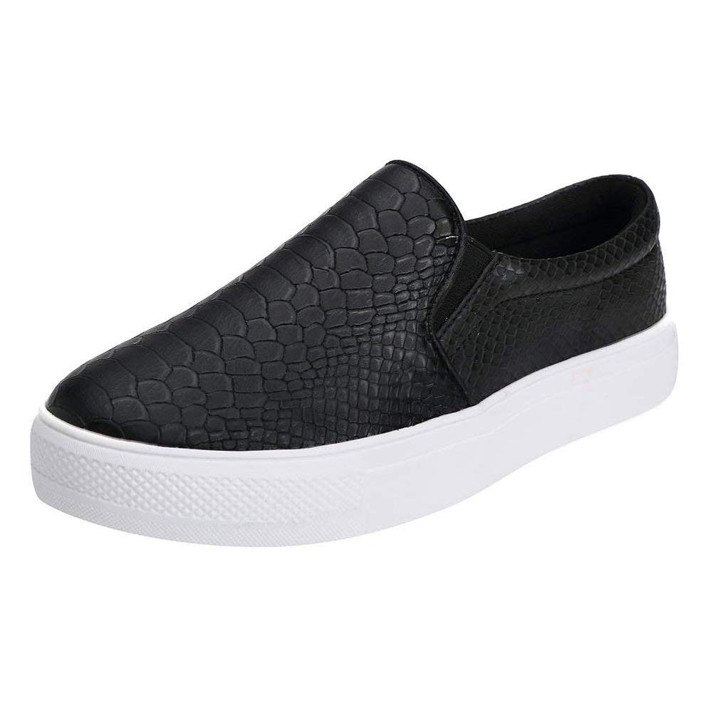 Ruiatoo Women\'s Fashion Slip-on Sneakers Snake Print Comfortable Leather Flat Shoes Black 37