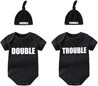 YSCULBUTOL Twins Bodysuits Funny Double Trouble Pack of 2 Twins Set with hat
