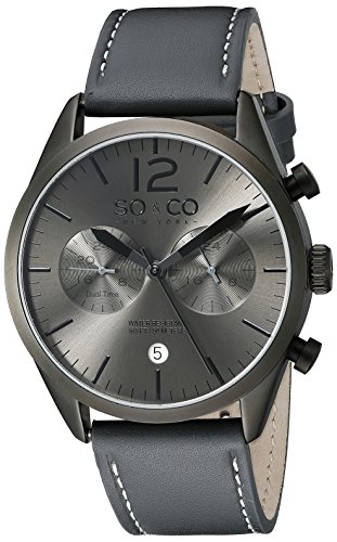 SO&CO New York Men's 5028.1 Monticello Date GMT Quartz Grey Leather Strap Watch