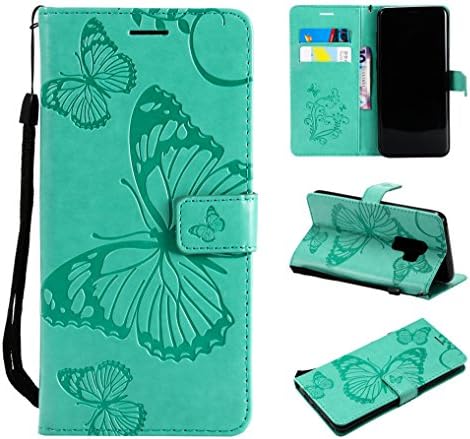 Cmeka Emboss Butterfly Wallet Case for Samsung S9 Plus,Wrist Strap,Flip PU Leather Magnetic Closure,Card Slots,Kickstand Function (Mint Green)