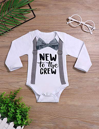 Newborn Baby Boy Clothes New to The Crew Letter Print Romper Long Pants Hat 3PCS Outfits Set Breathable and Soft (J-White, 0-3 Months) - Thumbnail 2