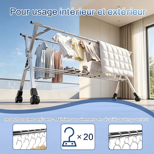 Kiseely Séchoir à Linge Pliable 240 cm intérieur extérieur, séchoir à vêtements en Acier Inoxydable résistant, Porte-vêtements avec 20 Crochets Coupe-Vent et 12 Pinces (240cm)