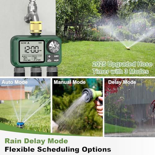 3 Way Water Timer with Brass Inlet, Large LCD Display, Automatic Watering for Garden, Programmable Irrigation, Simple Use, Rain Delay Manual Watering for Garden
