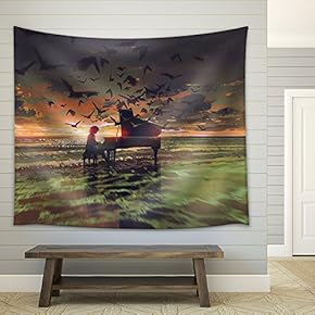 Illustration - Digital Art of The Man Playing Piano Among Crowd of Birds on The Beach at Sunset - Fabric Wall Tapestry Home Decor - 51x60 inches