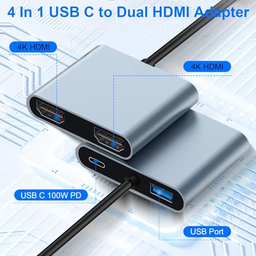 Usb C To Dual Hdmi Adapter, 4 In 1 Splitter For Monitors 4K, 2.0 Port, Type Adapter Multiport, Hub 4K@60Hz, Macbook Pro/Air, Ipad, Surface, Dell