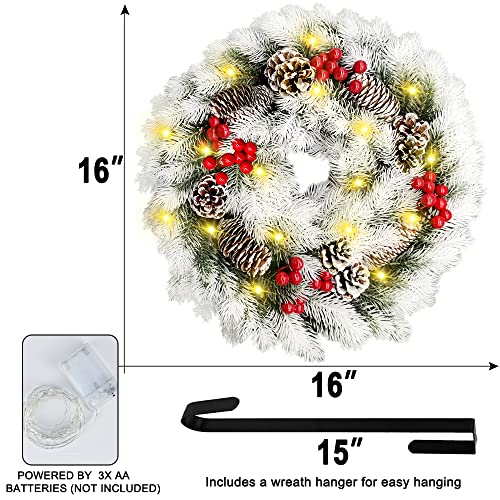 16 Inch Christmas Wreath, Lighted Christmas Wreath for Front Door with 40 Warm Lights Battery Operated, Snowflake White Christmas Wreath with Pine Cone Red Berry for Xmas Decorations Indoor Outdoor