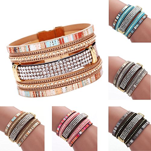 BCDshop Bohemian Women Bracelet, Rhinestones Braided Handmade Wrap Cuff Wristband Bangle Magnetic Clasp (Gold, Alloy)