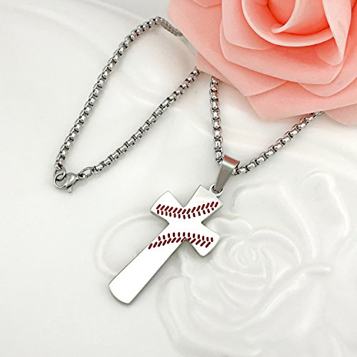 YOUFENG Cross Necklace for Men Baseball Pendant I CAN DO All Things Strength Bible Verse Stainless Steel Necklace (White Cross Necklace) - Thumbnail 4