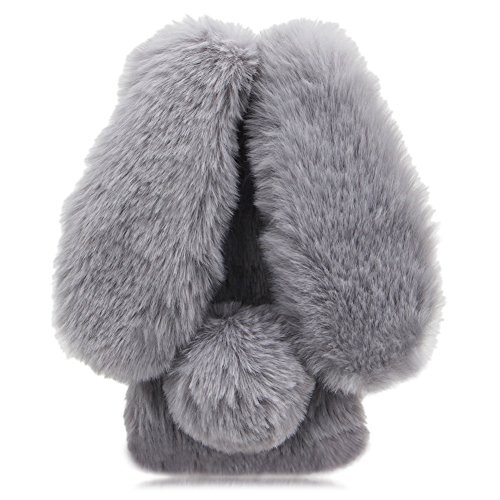 Grey Soft Case for iPhone 6S Plus,Diamond Crystal Furry Cover for iPhone 6 Plus,Herzzer Luxury Cartoon Rabbit Ear Design Fluffy Hairy Silicone Rubber Protective Case - Thumbnail 2