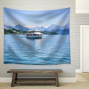 Cruise Ship in Front of Snow Covered Alps Mountains Peaks on Lake Lucerne, Central Switzerland - Fabric Wall Tapestry Home Decor - 51x60 inches
