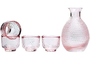 Sizikato 5pcs Pink Glass Sake Set Include 1pcs Sake Bottle and 4pcs Sake Cups