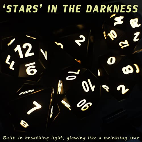 Rechargable DND Dice Set, Light Up Dice with Charging Box, 7 PCS LED Electronic Dices, Dungeons and Dragons Dice Polyhedral Dice Sets for MTG Pathfinder Role Playing Game (Black Shell + Warm Light)