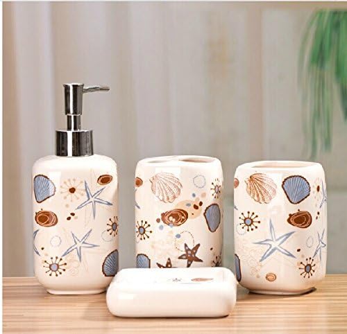 European Minimalist Ocean Blue Starfish And Shell Pattern Wash Kit - Bathroom Four-Pieces Set - Ceramic Bathroom Suite