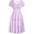 Belle Poque Women's Square Neck Tiered Ruffle Dress 2025 Summer Vintage Short Sleeve Layered A-line Swing Midi Dress