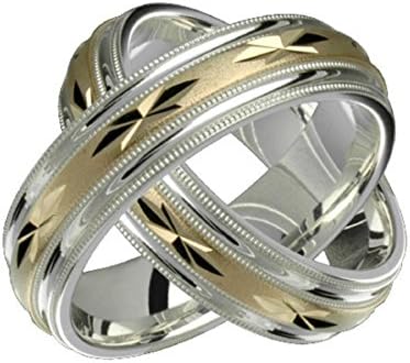 Alain Raphael 2 Tone Sterling Silver and 10k Yellow Gold 8 Millimeters Wide Wedding Band Ring Set Him and Her