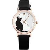 TEHAUX Girls Watch, Cute Cat Analog Watch for Ages 8-12, Black Leather Strap Waterproof Kids Quartz Wristwatch for Teen Girls, Easy to Read Kitten Timepiece Gift for Daughter School