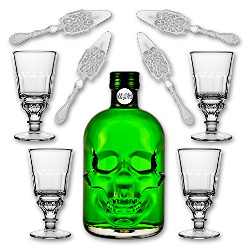 Absinthe "Amnesie" 69,9% alc. Vol. + 4x Absinthe Glas "Pontarlier" + 4x Absinthe Löffel "Antique"