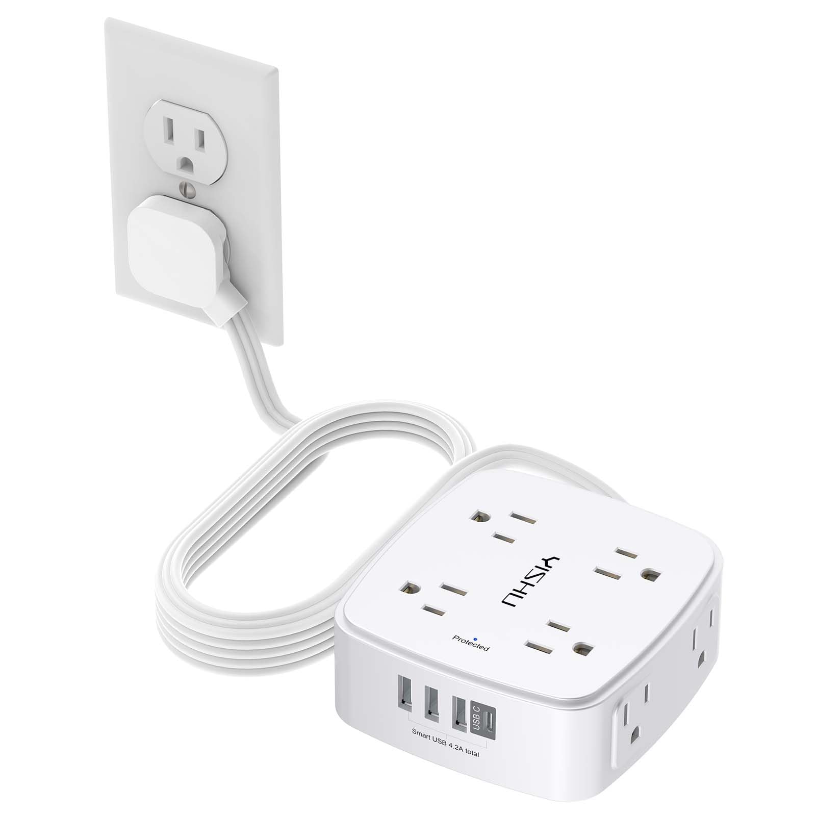 Photo 1 of 10 Ft Surge Protector Power Strip - YISHU 8 Widely Outlets with 4 USB Ports, 3 Side Outlet Extender with 10 Feet Flat Extension Cord, Ultra Flat Plug, Wall Mount, Desk USB Charging Station, ETL, White