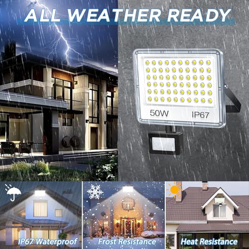 YIQIBRO Outdoor LED Motion Detector Floodlight, 50 W, 5000 LM 7000 K Outdoor LED Spotlight Motion Detector, IP67 Waterproof Outdoor Lighting for Garden, Patio, Garage