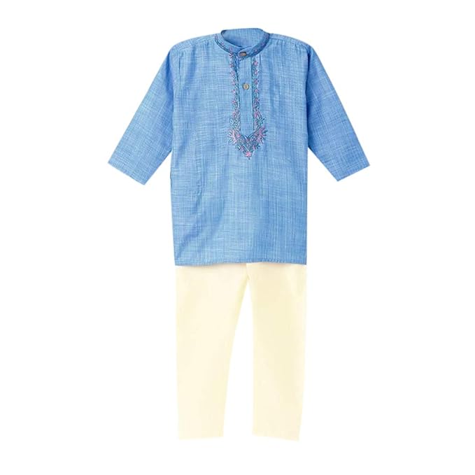 Bownbee By Hopscotch Boys Cotton Blend Embroidered Kurta Pajama Set In Blue Color