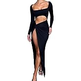 LuFeng Women's Sexy Long Sleeve Cutout High Slit Maxi Long Dress Square Neck Twist Knot Party Dresses