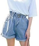 Plaid&Plain Women's High Waisted Denim Shorts Rolled Blue Jean Shorts L-2 L