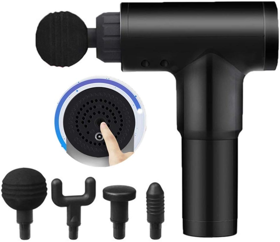 Mini Massage Gun Deep Fascia Gun,Black Simple 7.4V Cordless Handheld Deep Tissue Tension Relief Percussion Massage Device with 4 Massage Head (No Carrying Box)