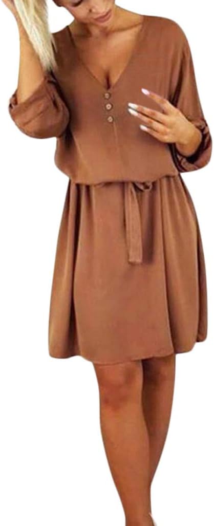 Colouredays Dress for Women Casual Summer Clothing Tunic Long-Sleeved Solid Design Buttons Half Sleeve Belt Skirt