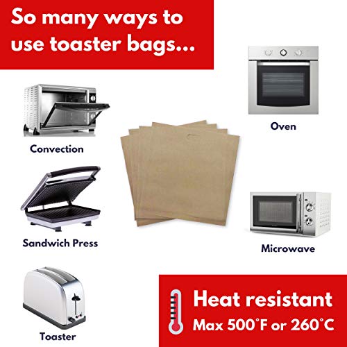 Premium Non Stick Toaster Bag (4pk) - Grilled Cheese Toaster Bags Heat Resistant, Reusable & Easy to Clean - Ultimate NO MESS Sandwich Toaster - Ideal for Gluten Free Celiac Travel Dorm Office
