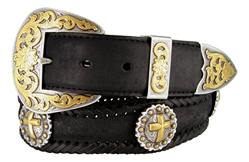 Gold Christian Cross Conchos Western Leather Scalloped Belt 1 1/2