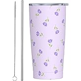 Kaireno Floral Tumbler Flowers Insulated Tumblers with Lid Straw Reusable Purple Coffee Travel Mug Tea Wine Cups Birthday Gifts for Women 20 Oz