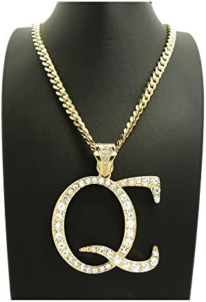 NEW ICED OUT 'QC' PENDANT & 30" BOX CUBAN CHAIN HIP HOP NECKLACE - RC2709G