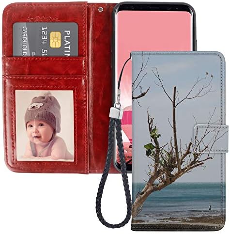 Samsung Galaxy S8 Wallet Case Branches Buds Sea Card Holder Slots Wrist Strap Faux Leather Kickstand Magnetic Closure Phone Cover Samsung Galaxy S8