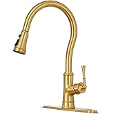 Kitchen Faucets with Pull Down Sprayer, Gold Kitchen Sink Faucet Brass High Arc Single Handle with Deck Plate 1 or 3 Hole Vintage Sink Faucet 3 Sprayer Modes for Farmhouse Camper Laundry