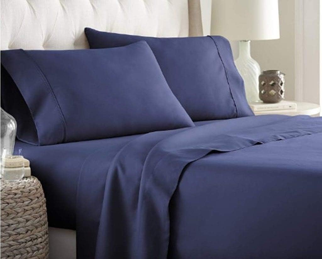Royal Leno Luxurious Navy Blue Solid 6 PCs Bed Sheet Set RV