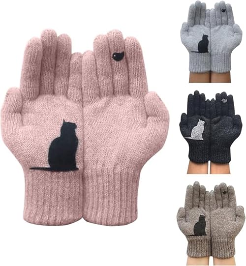 red gloves,Fingerless Glove for Women Men Winter Thermal Warm Windproof Stretch Knitted Cat Print Pink Glove Ladies Soft Stretch Animals Simple Heated Mitten,driving gloves,C-Pink One Size